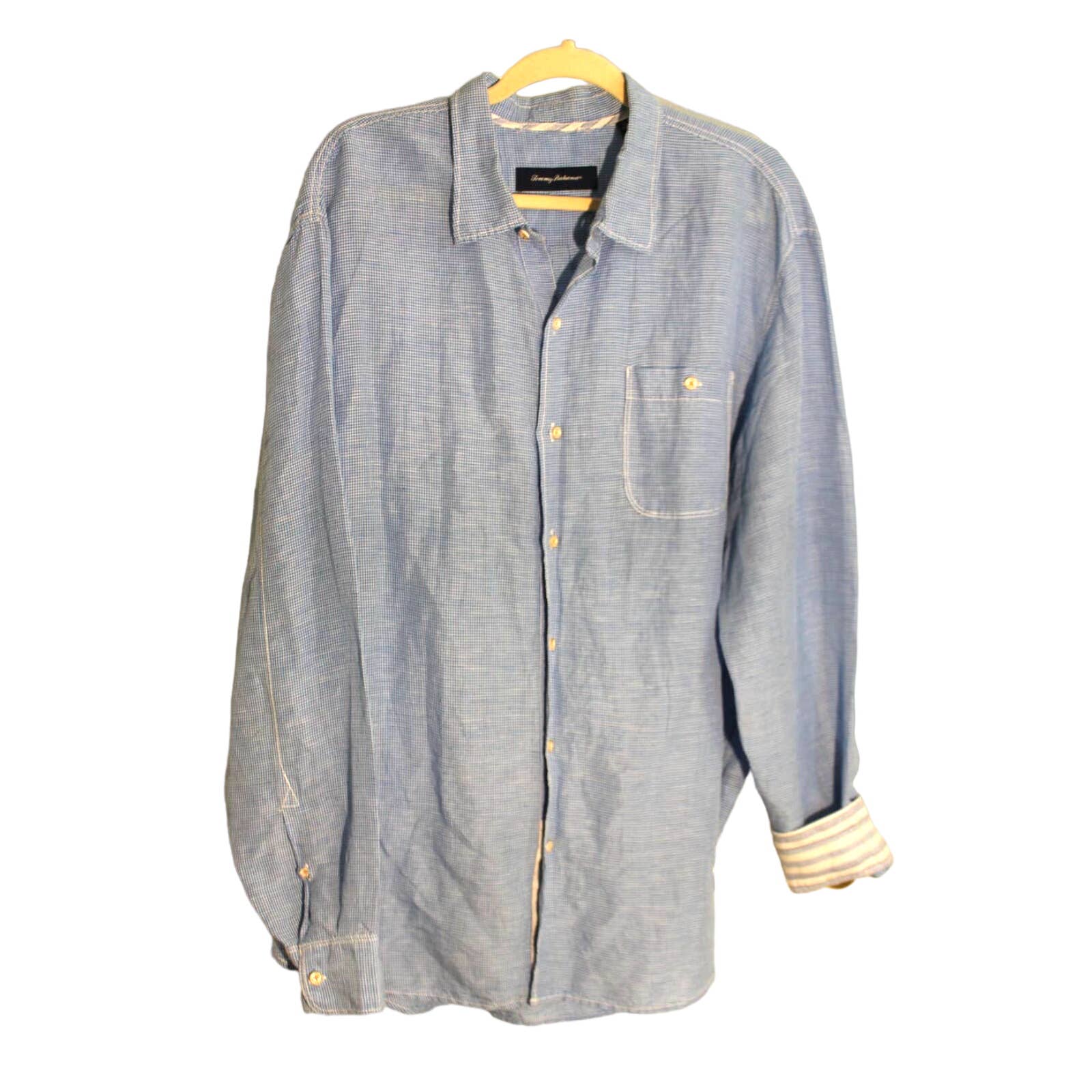 Tommy Bahama Linen Blend Ls Blue Check Button Front Shirt Sz Xl